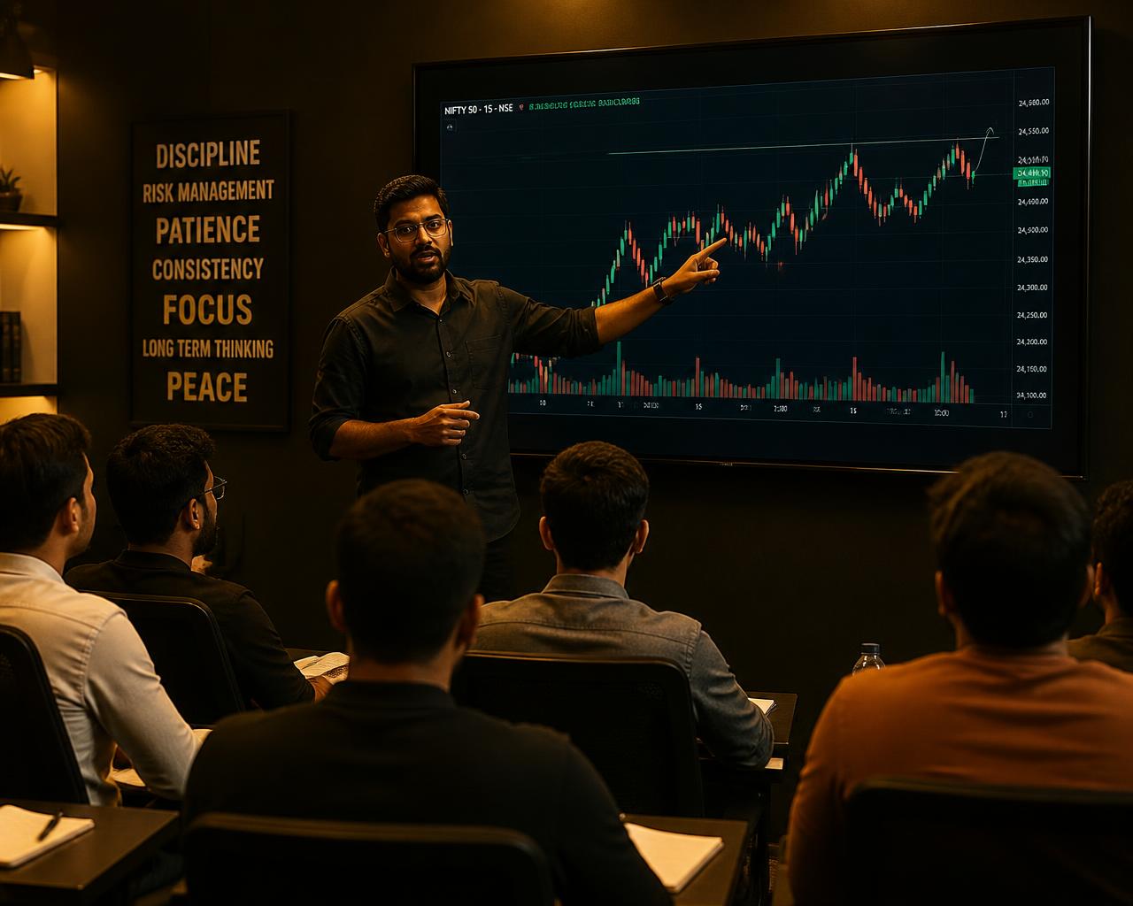 Trading mentor teaching a classroom of students in front of a live chart