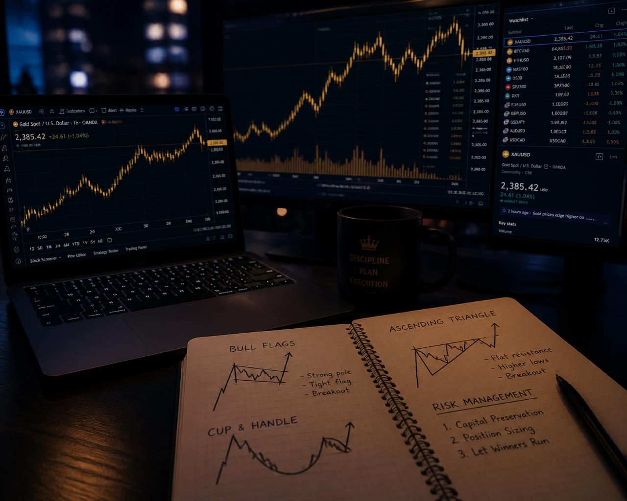 Trader's night desk with charts on screen and a notebook of chart patterns